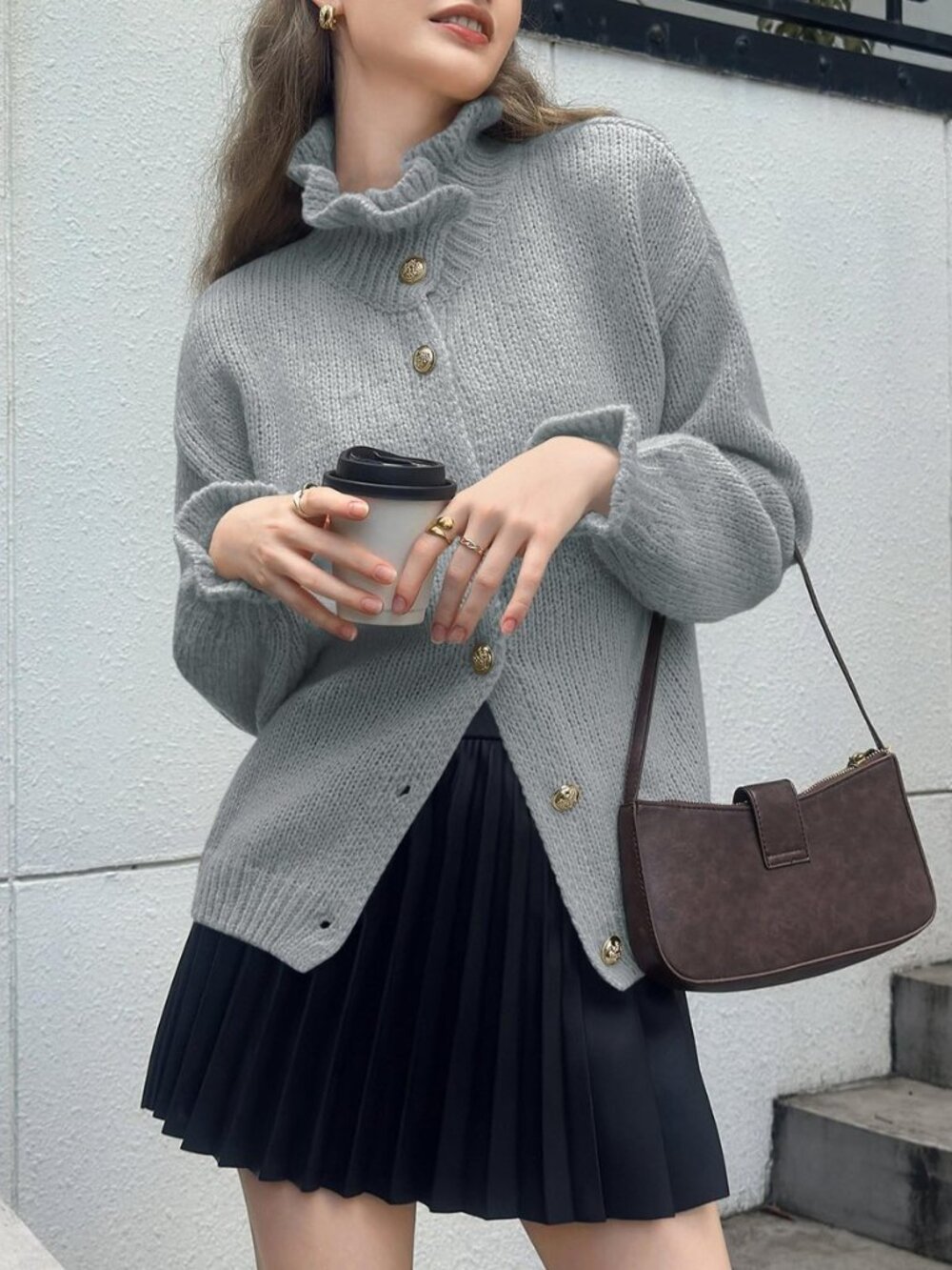 Womens Ruffle Cardigan Oversized Button Up Fall Trendy Ribbed Knit Open Front - Picture 4 of 8